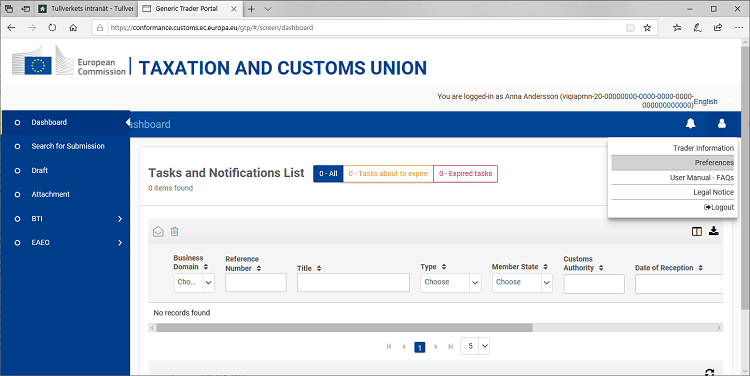 Bild av skärmbilden "Tasks and Notification List" i EU-portalen.