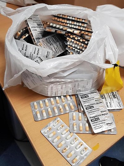 Beslagtaget pregabalin, ett narkotikaklassat läkemedel.