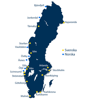 Map of Sweden where the places of customs offices are marked (same as in the list below).