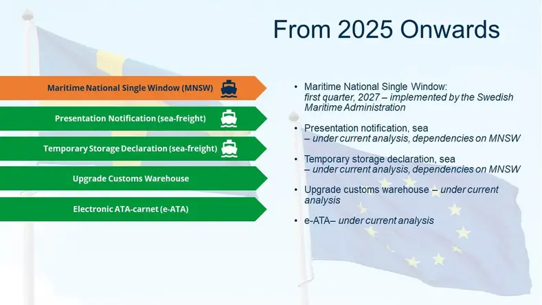 From 2025 Onwards: Maritime National Single Window (MNSW), Presentation Notification (sea-freight) Temporary Storage Declaration (sea-freight), Upgrade Customs Warehouse, Electronic ATA-carnet (e-ATA).